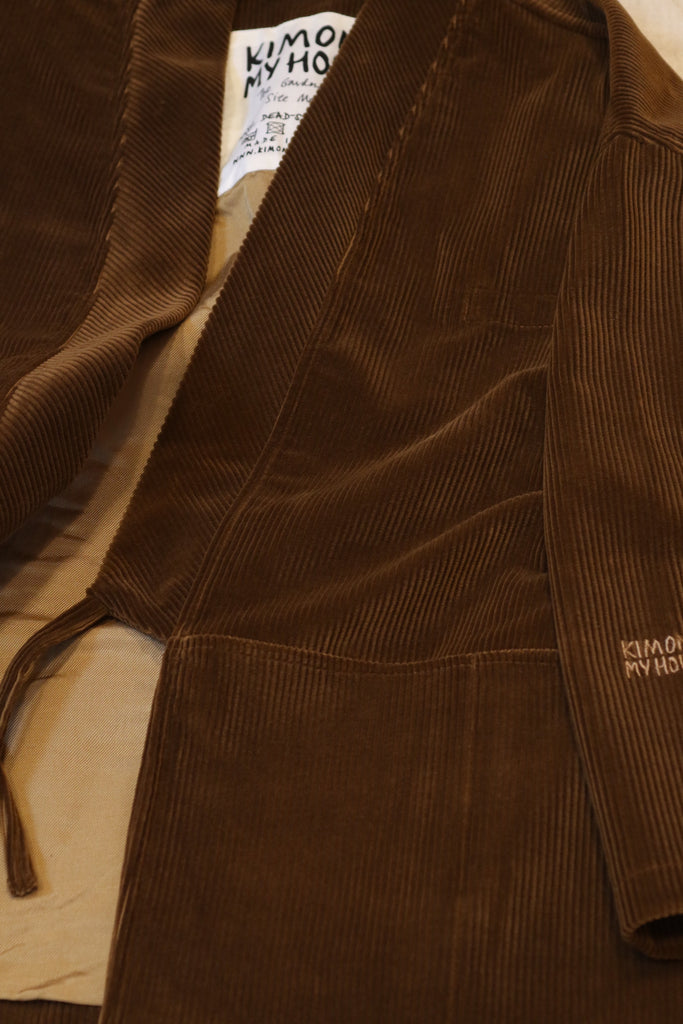 Brown corduroy jacket close up detail high quality fabric lined kimono